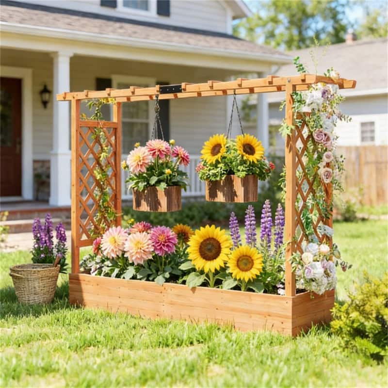 Wooden Flowerpot Box with Trellis, Planting Box, Plant Rack - Black