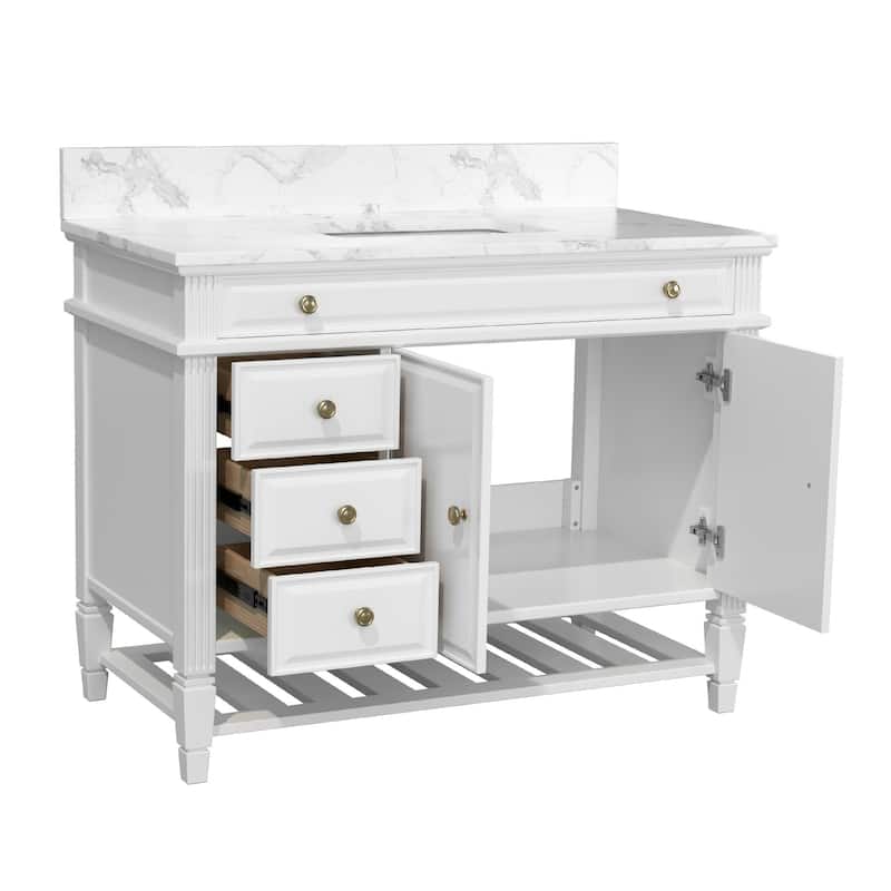 42-Inch Bathroom Vanity with Artificial Marble Countertop, Single Sink, Storage Shelf, Drawers, and Double Door Cabinet