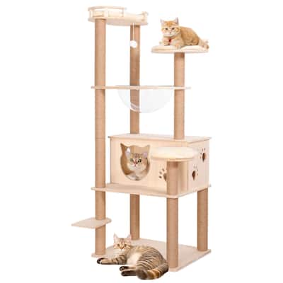 59” Wooden Cat Tree Tower Large Cat Condo Play House W/Scratching Post - Beige