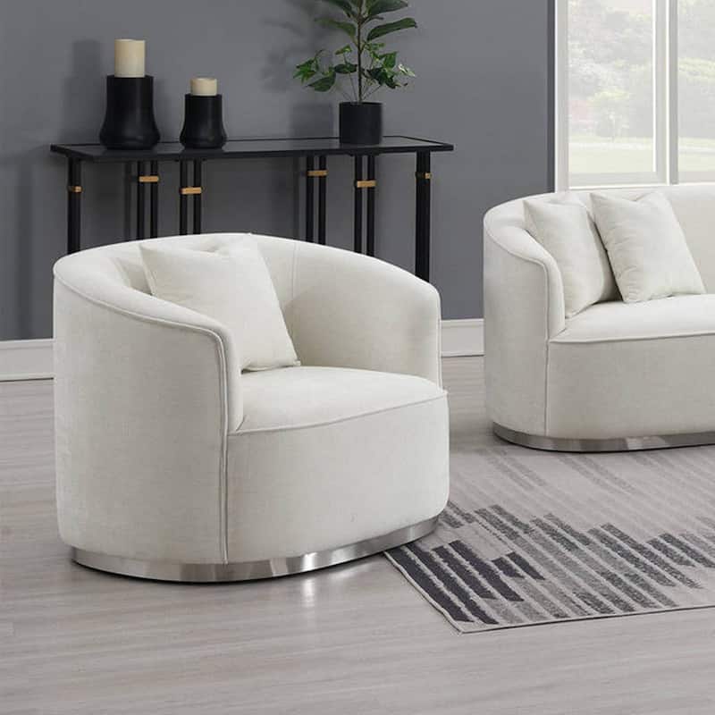 Chenille Upholstered Barrel Accent Chair with Pillow in Beige