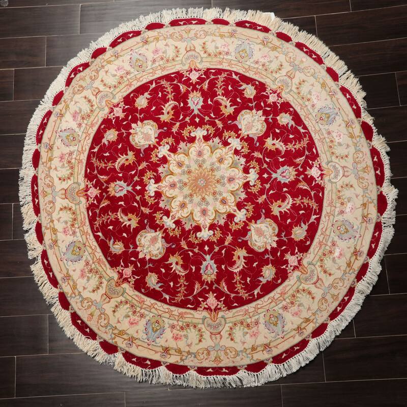 4'11''x4'11" Hand Knotted Medallion-Tabriz Round Red Wool Rug - 4' 11'' x 4' 11''-Round
