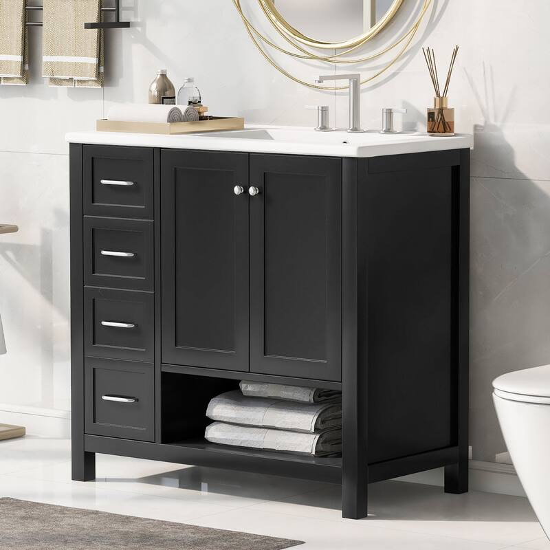 36" Freestanding Bathroom Vanity with Ceramic Sink, 2 Doors and 2 Drawers, Modern Grey Finish,8" Faucet Mount