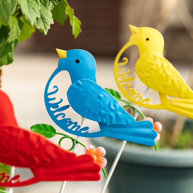 Glitzhome Metal Dimensional Flower Butterfly "Welcome" Birds Yard Stakes or Wall Decor (Set of 3)