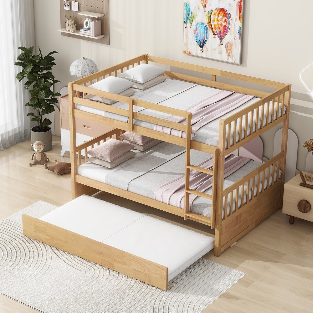 Rubber Wood Frame Bunk Beds with Wheels, Ladder and Safety Guardrails Convertible into 2 Beds - Available with Drawer or Trundle