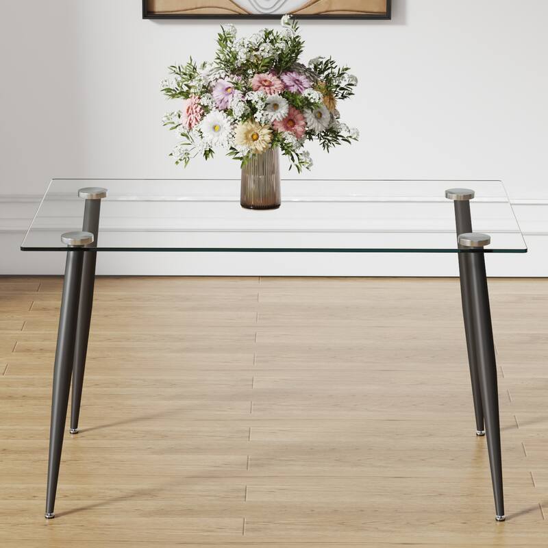 Modern Rectangular Glass Dining Table, Suitable For 4-6 People, Equipped With Tempered Glass Tabletop And Metal Legs