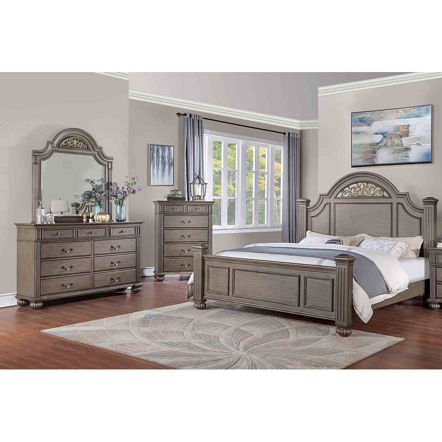 4pc Gray Finish Classic Bedroom Furniture Set Floral Design