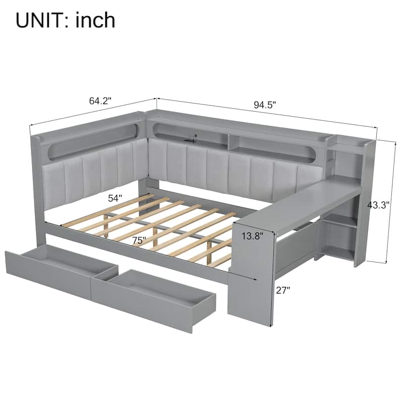 Full Daybed with Storage Shelves Built-in Charging Station LED Light, L-shape Upholstered Sofa Bed with 2 Drawers, Cabinet, Desk