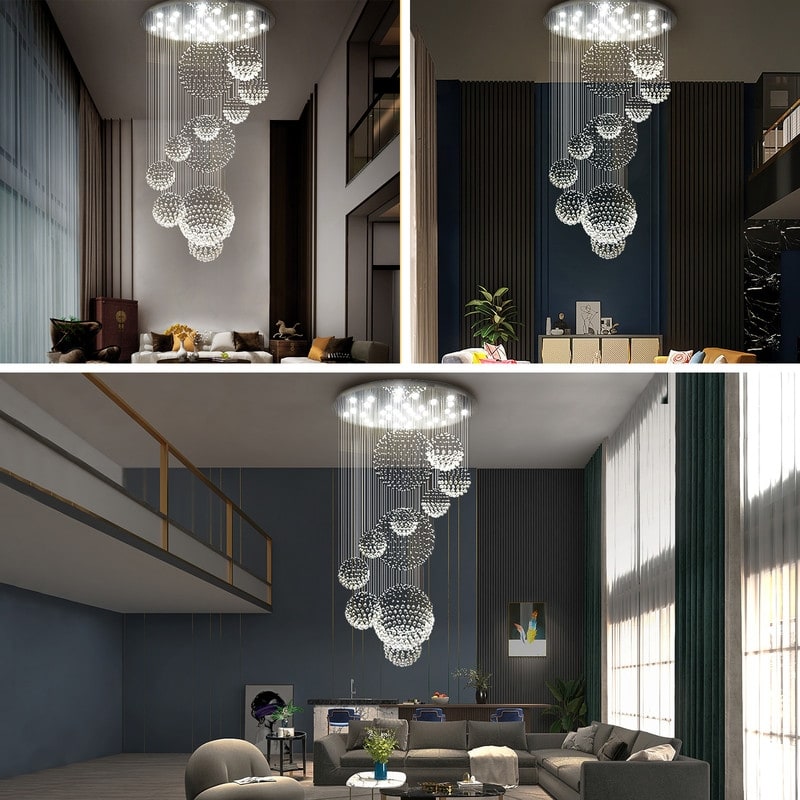 32 in. Modern Crystal Chandelier Chrome 2 Story Foyer Lighting 13-Light Flush Mount Foyer Lighting