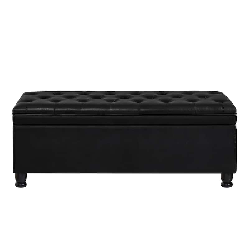 Upholstered tufted button storage bench ,Faux leather entry bench with spindle wooden legs - Black