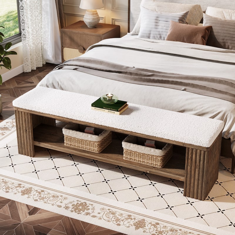 Solid Wood Entryway Bench, 63" Upholstered End of Bed Bench