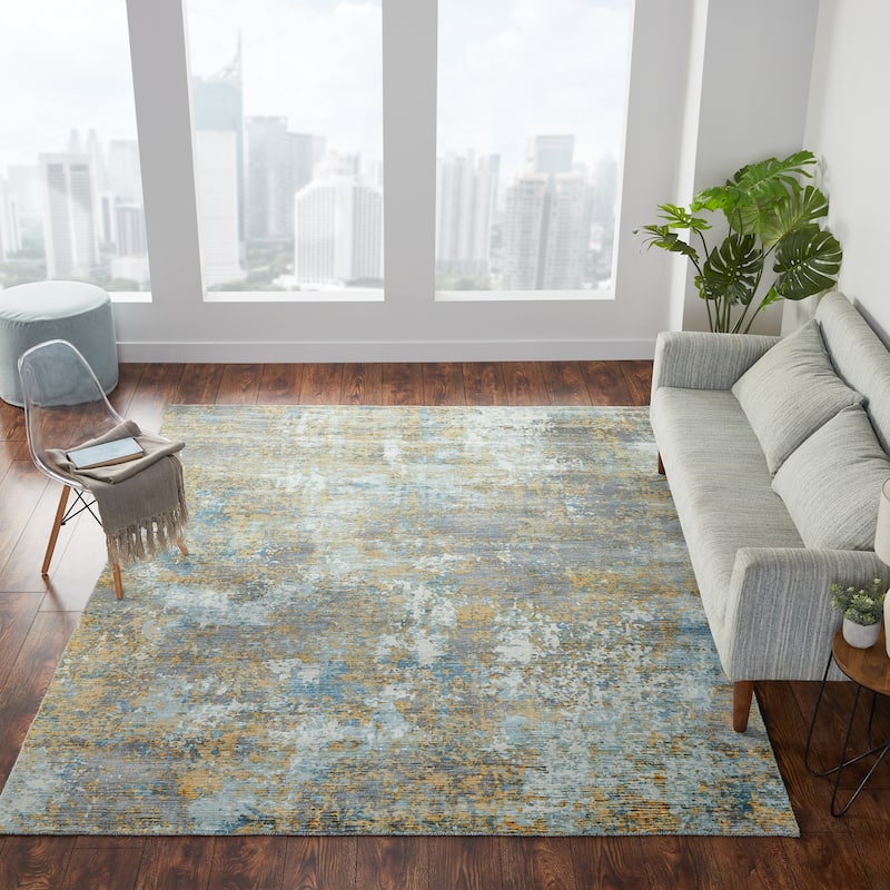 Sea Blues/Greys/Butterscotch Abstract Area Rug