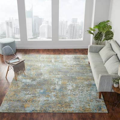Sea Blues/Greys/Butterscotch Abstract Area Rug