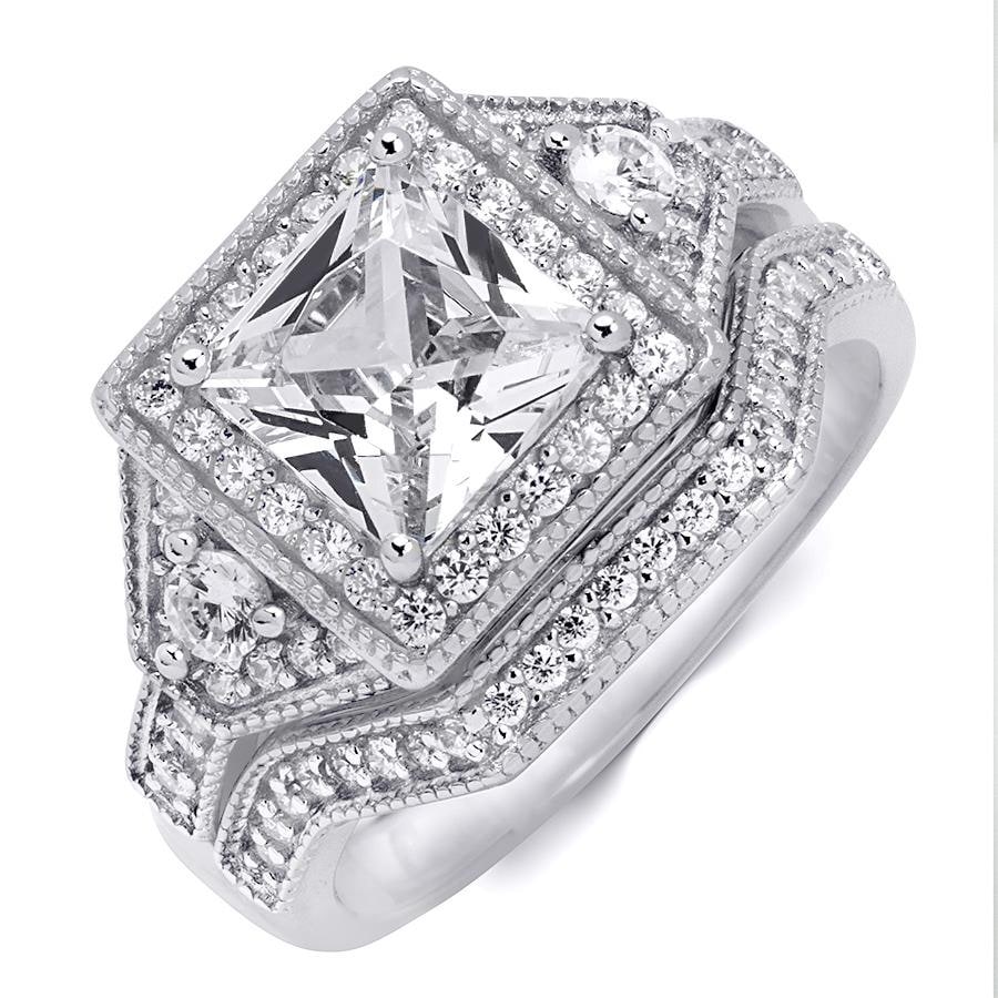 MayaMila Sterling Silver Brilliant 3.0 CT Wedding Band Ring Set Princess Cut