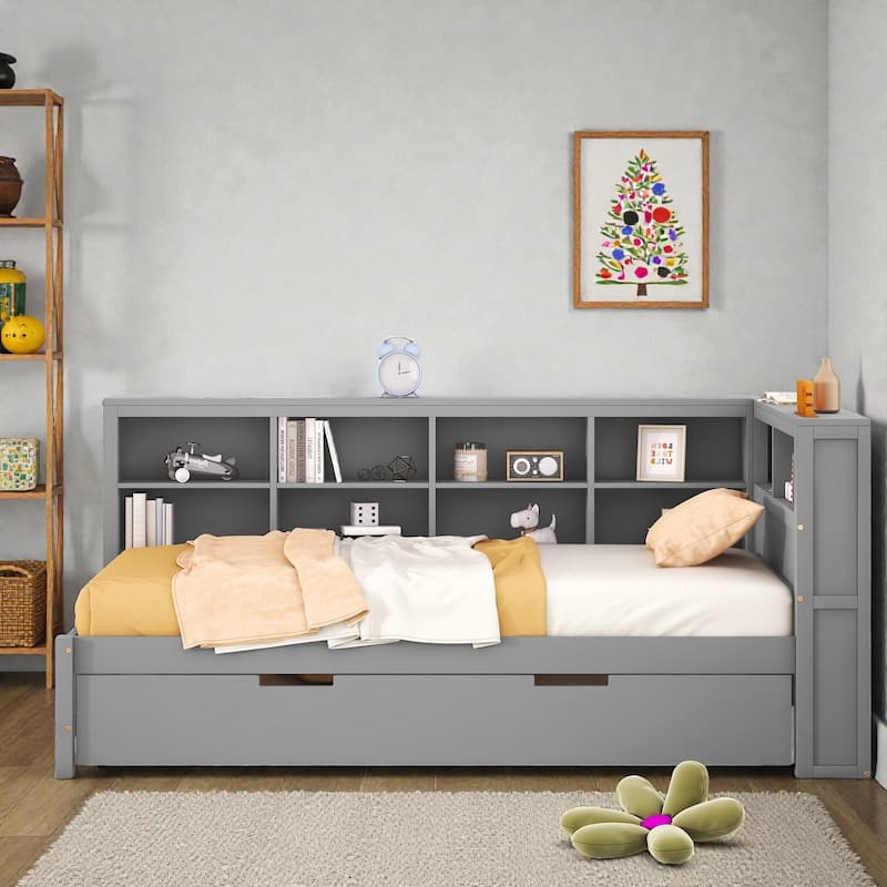 Twin/Full Wooden Daybed with Twin Trundle, Storage Shelf, USB Charging Ports, Slat Support, Space-Saving Design