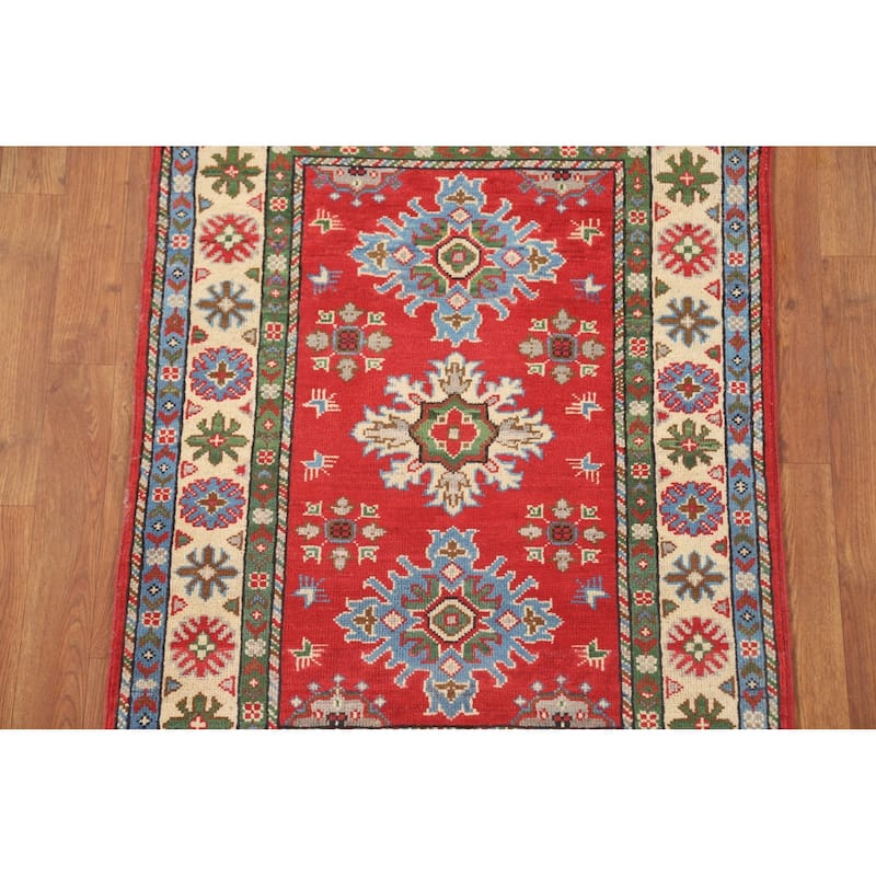 Geometric Red Kazak Accent Rug Handmade Wool Carpet - 2'9" x 3'11"