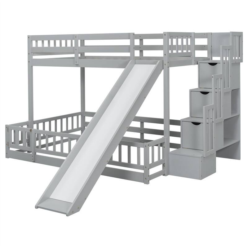Twin Over Full Multifunctional Kids Bunk Bed Frame with Slide, Wooden Loft Bed with Storage Staircase and Guardrails
