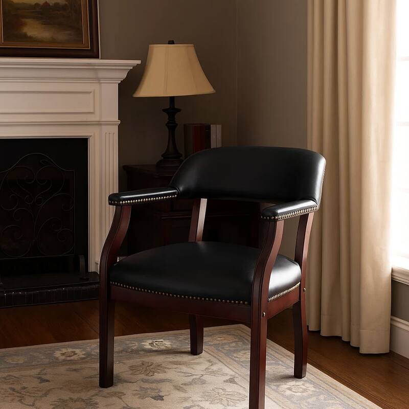 Elon Guest Chair with Brass Nailhead Trim, Mahogany Wood, Black Caressoft