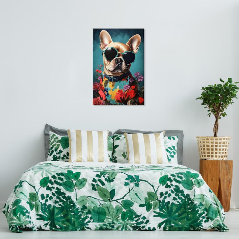 Wynwood Studio Canvas Animals Floral Shirt Pup Blue and Teal Traditional Wall Art Canvas Print - Blue, Red - 36 x 24