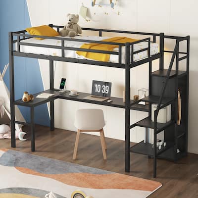 Twin XL Size Metal Loft Bed with Wardrobe,Adjustable Shelf,L-shaped Desk and USB