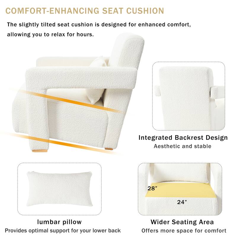 Boucle Fabric Accent Chair Set of 2 with Right-Angle Armrests, Ergonomic Lumbar Support, and Square Wooden Legs
