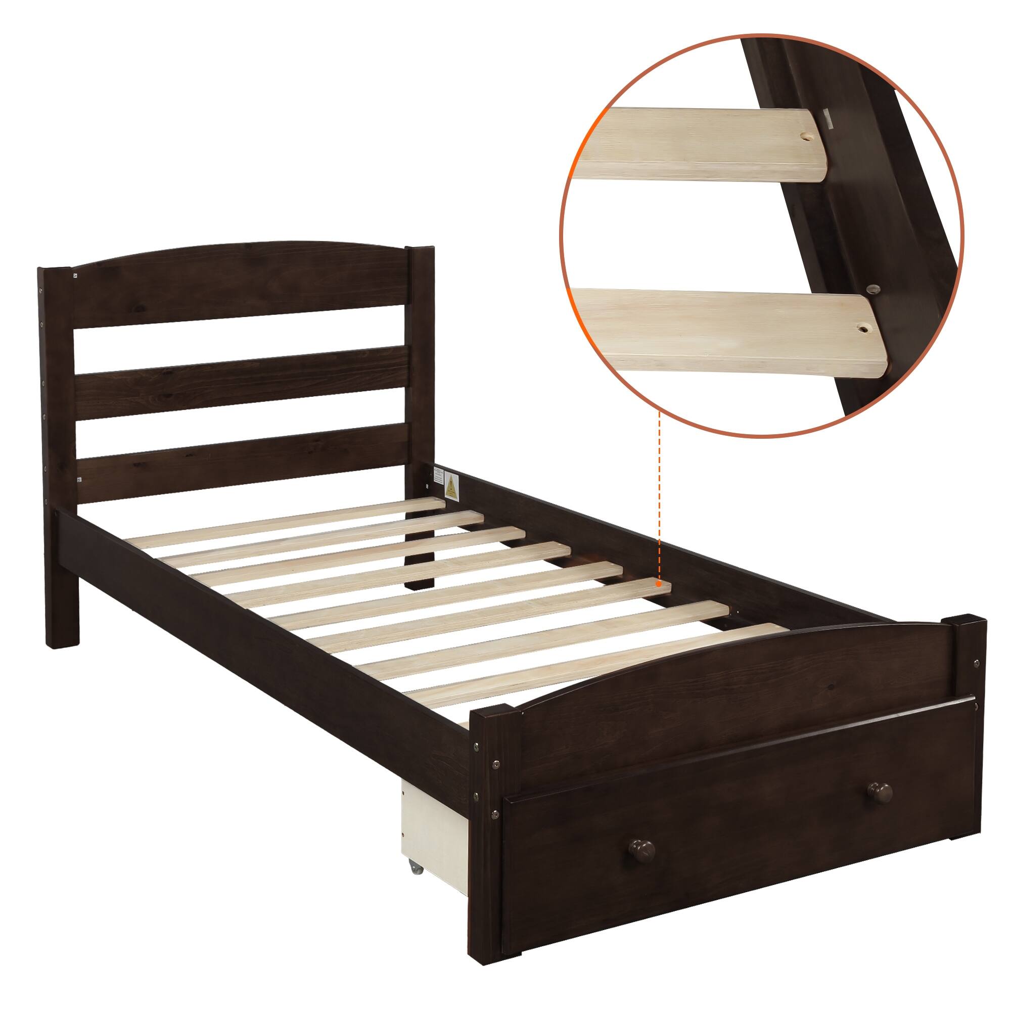 Solid Wood Platform Twin Bed Frame with Storage Drawer Pine Wood