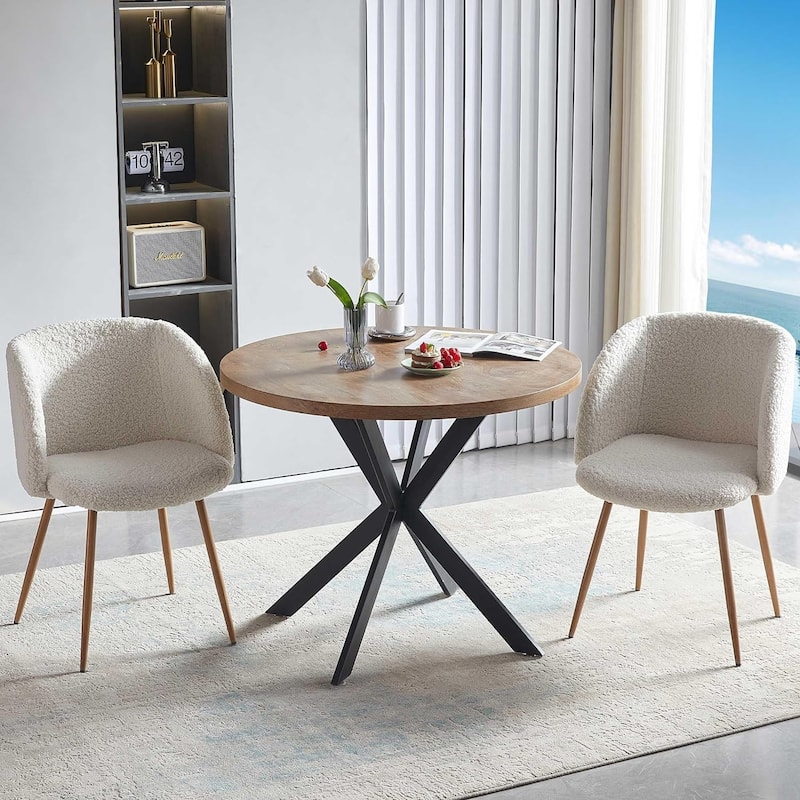 Howtai Round Dining Table Set with Fluffy Sherpa Arm Chairs Space Saving - 1*Table+2*Arm Chairs - Off-White