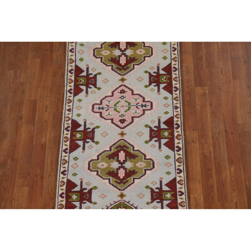 Geometric Blue Kazak Indian Runner Rug Handmade Wool Carpet - 2'7"x 11'5"