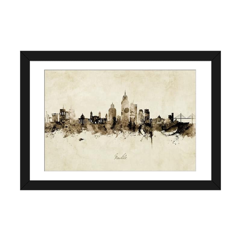 iCanvas "Mobile Alabama Skyline Vintage" by Michael Tompsett - Black - 24x32x1