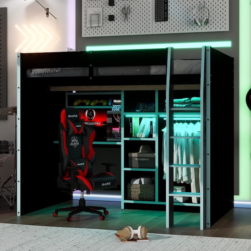 All-in-one Full Size Wood Loft Bed for Gaming & Workspace with Desk, Open Wardrobe, Storage Compartments and RGB Light Strip