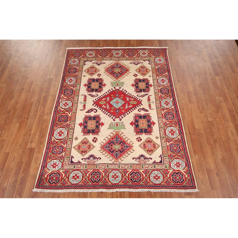 Beige Kazak Oriental Area Rug Handmade Traditional Wool Carpet - 4'10" x 5'9"