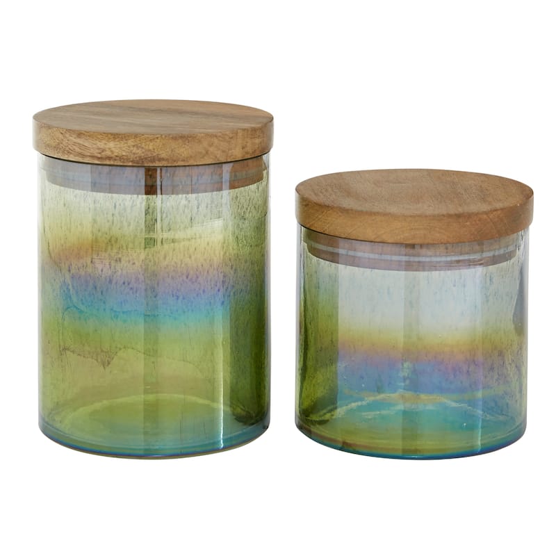 Wood Ombre Decorative Jars with Wood Lid - Set of 2 Multi Colored - Roche River Decor - 5"W x 5"L x 7"H