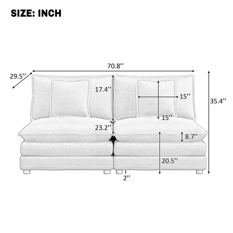 Roomfitters 70 Inch Modern Modular Sofa Couch with Two Pillows, Soft Corduroy Fabric, Blue