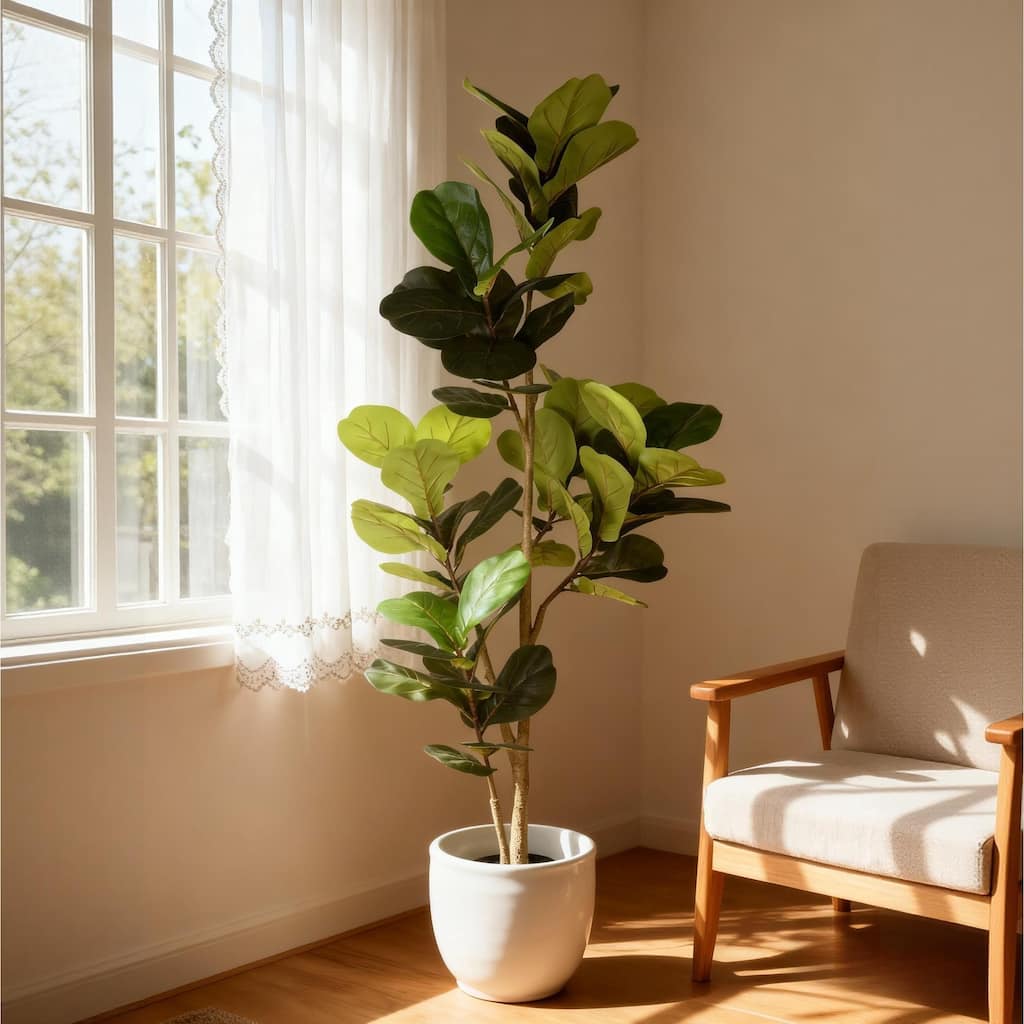 6FT Artificial Fiddle Leaf Fig Tree, Real Touch Fake Indoor Plant for Home Office Living Room, 1pc/set - Green Leaves