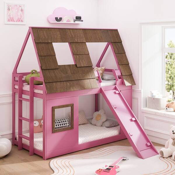 slide 2 of 25, Cozy and Fun Wood Twin Size House Bunk Bed with Window Roof Shape Design with Ladder and Climbing Ramp Pink
