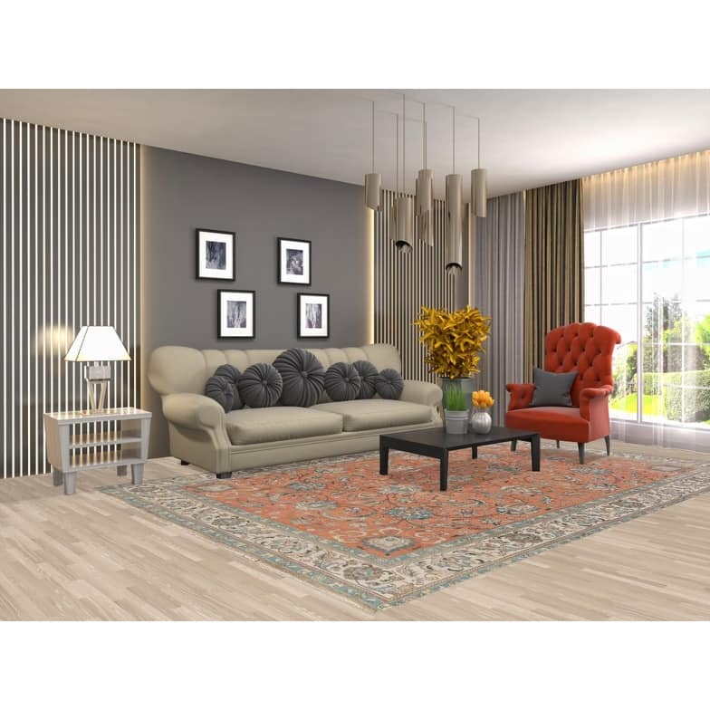 Hand Knotted Oriental 100% Wool Carpet Traditional All-Over Oranges & Rust Tabriz Area Rug - 10' 11'' X 7' 1''