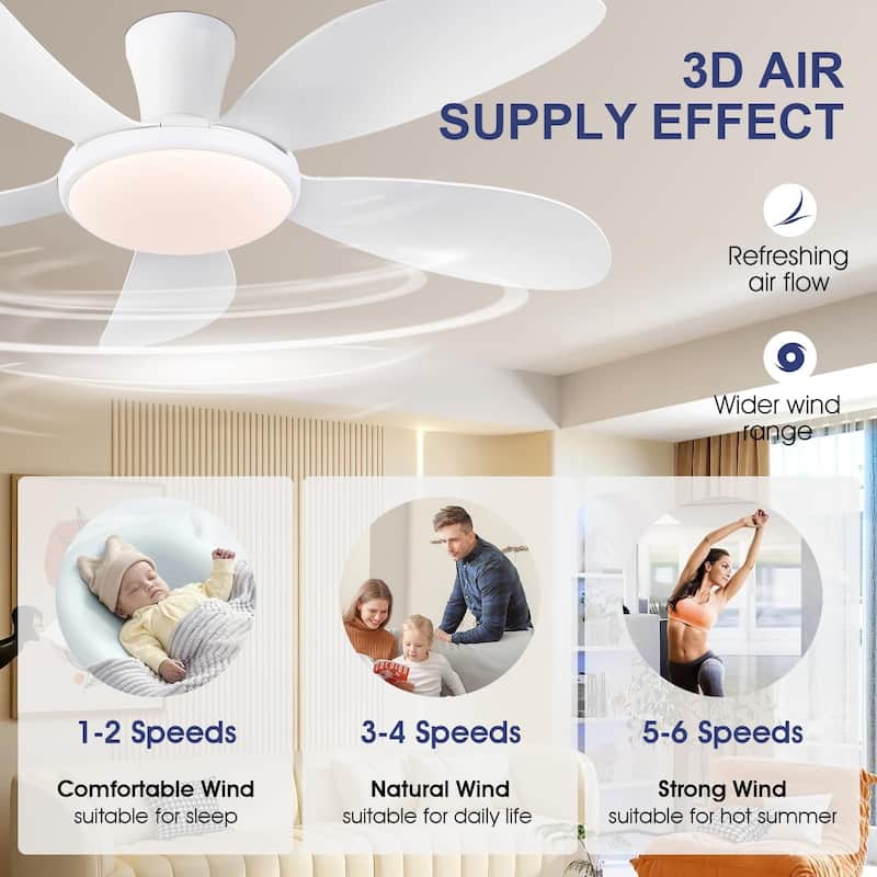 48 Inch Flush Mount DC Ceiling Fan with Lights, 5 Reversible Blades,3 CCT LED with Remote and APP Control - 48 Inches