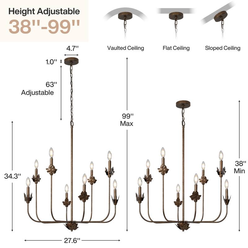 8-Light Rustic Industrial Chandelier with Adjustable 60'' Chain