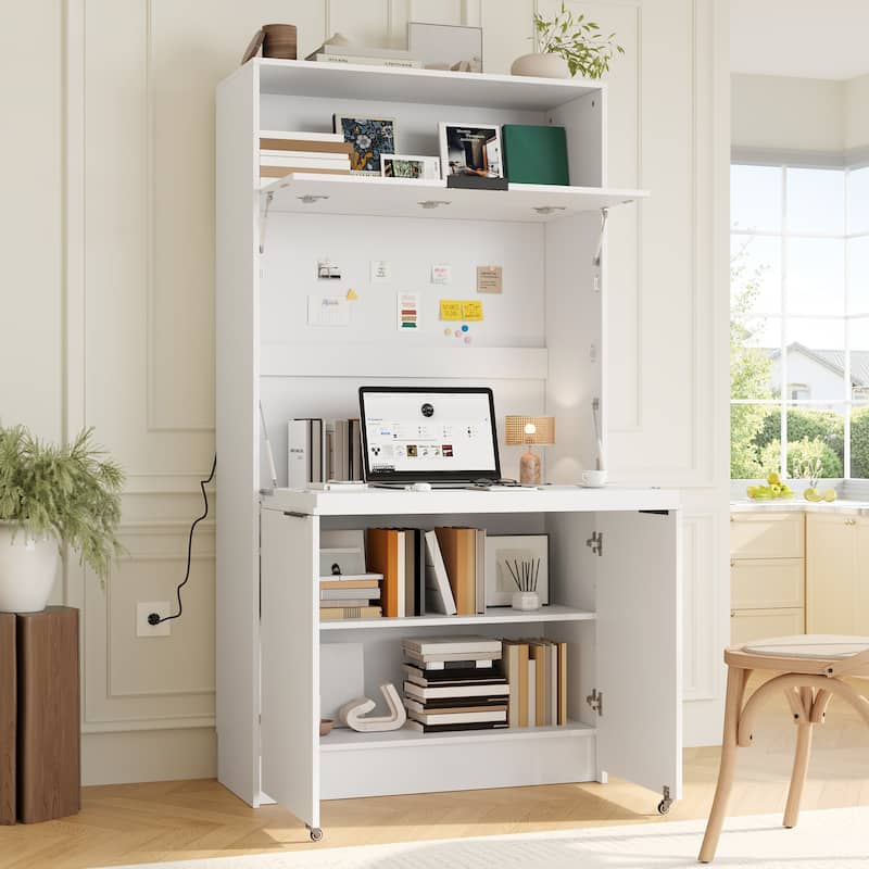 69" Kitchen Pantry Buffet with Hutch, Foldable Workstation & Power Outlet