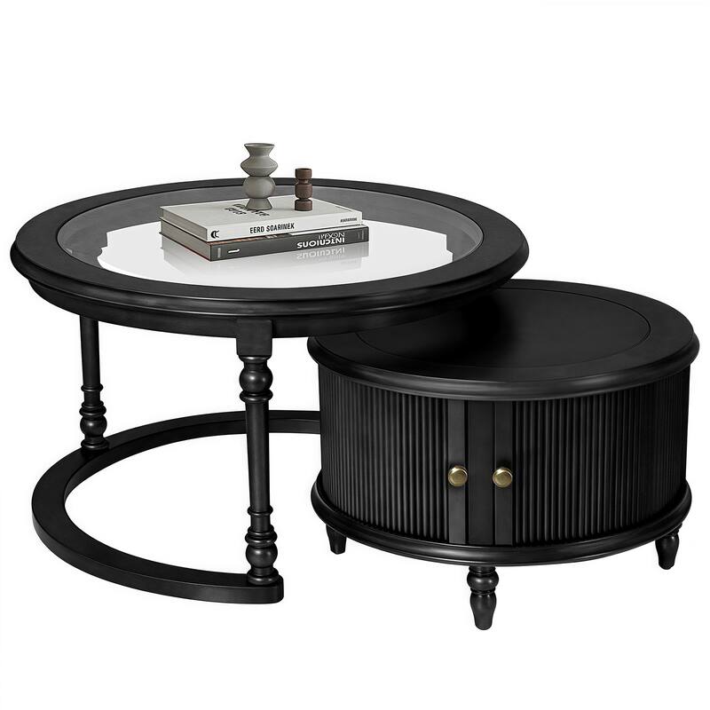 Modern Nesting Coffee Table Set with Glass and Solid Wood Frame - Black