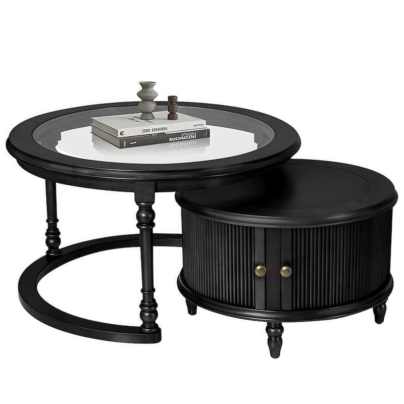 Modern Wood Coffee Table Set with Glass Nesting Tables, Accent Tables End Table with Movable Striped Door