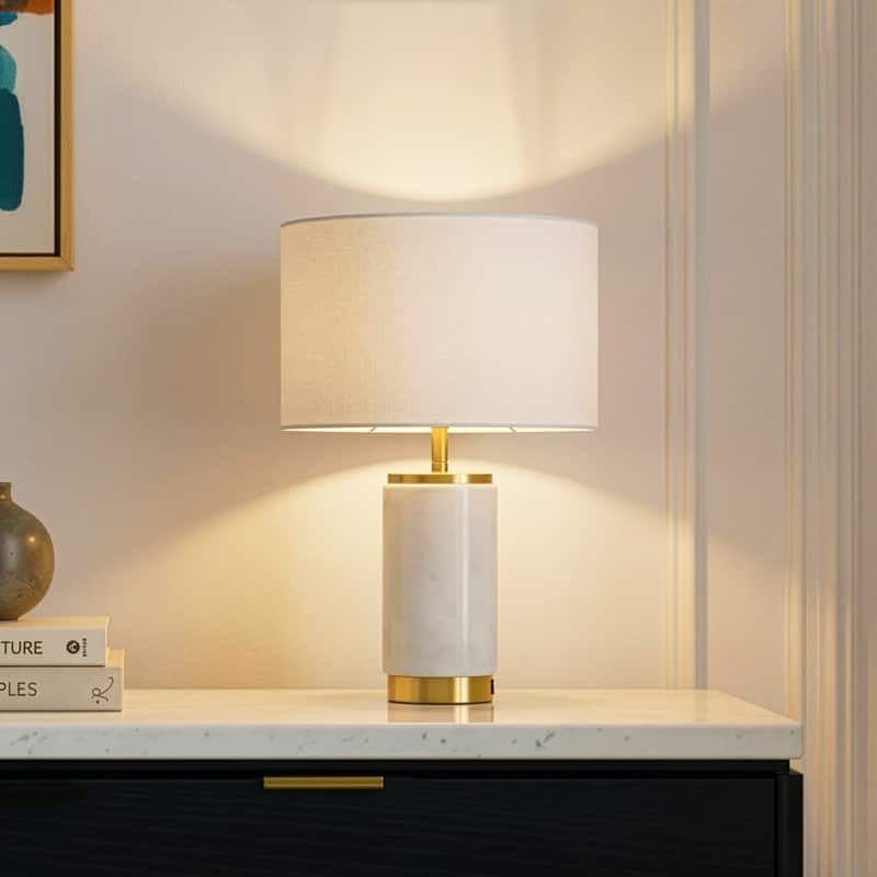 Brightech Arden 17 in. Marble Mid-Century Modern LED Table Lamp with Fabric Drum Shade and Built-In Charging Port