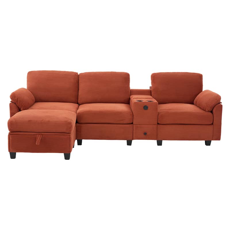 HOMEFUN Corduroy Upholstered L-Shaped 4-seater Storage Multifunctional Sectional Sofa with Storage Ottoman,Cup Holder and USB
