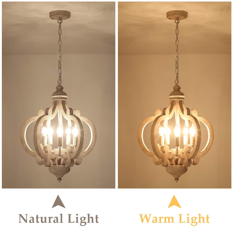 5-Light Modern Pendant Light, Farmhouse Wood Chandelier for Dining Room Living Room - W17.71"x H19.68"