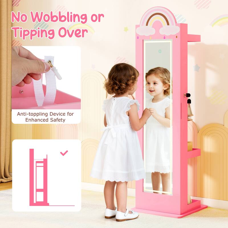 Gymax 3 In 1 Kids Jewelry Cabinet w/3-Color Lighted Full Length Mirror