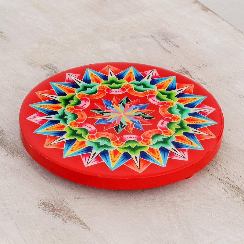 NOVICA Handmade Traditional Colors In Red Wood Trivet (Costa Rica) - 1" H x 7" Diam.