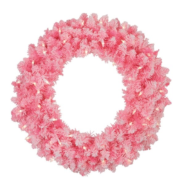 Shop Pre-Lit Flocked Pink Artificial Christmas Wreath - 24 ...