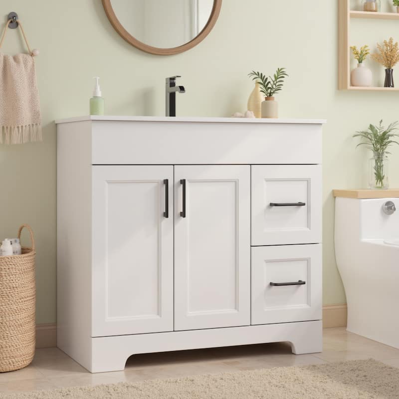 EROMMY Bathroom Vanity with Sink and Faucet, Freestanding Vanity Cabinet with Drawers & Doors, White Ceramic Top
