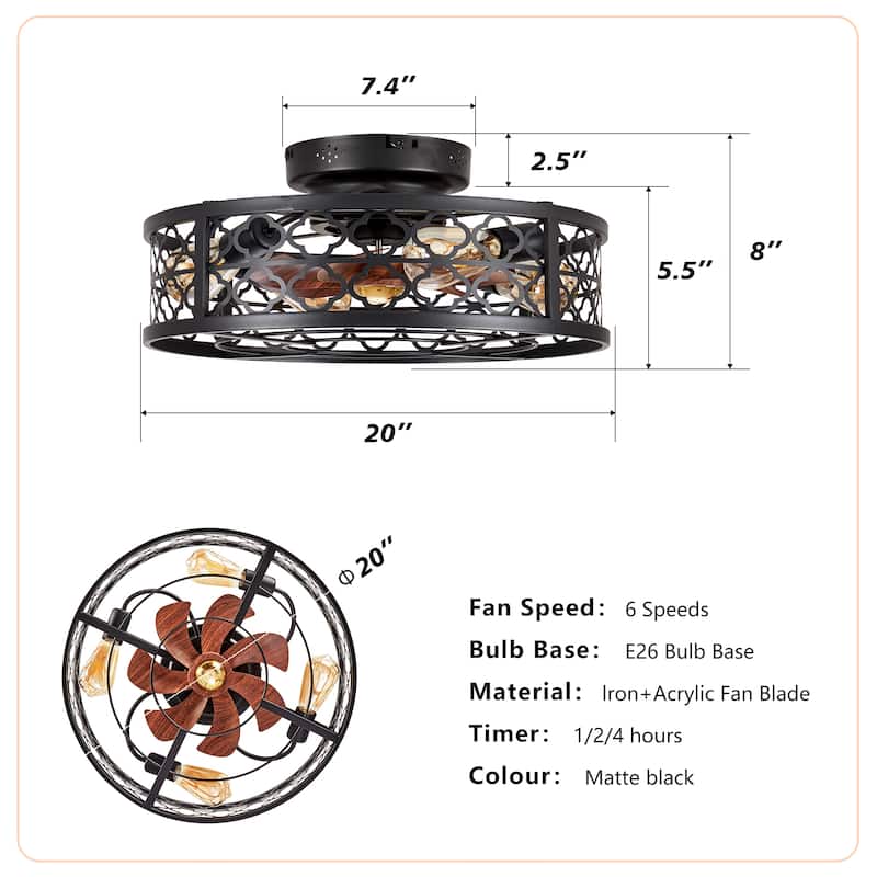 20" Flower Style Iron Ceiling Fans With Remote Control,Ceiling Fan 6 Speed Reversible with Remote Control,Flush Mount Caged