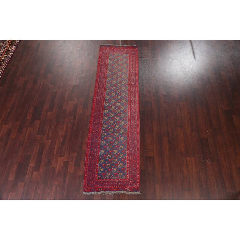 Hand Knotted Oriental 100% Wool Carpet Traditional Floral Navy Blue & Blues Balouch Runner Rug - 9' 5'' X 2' 8''