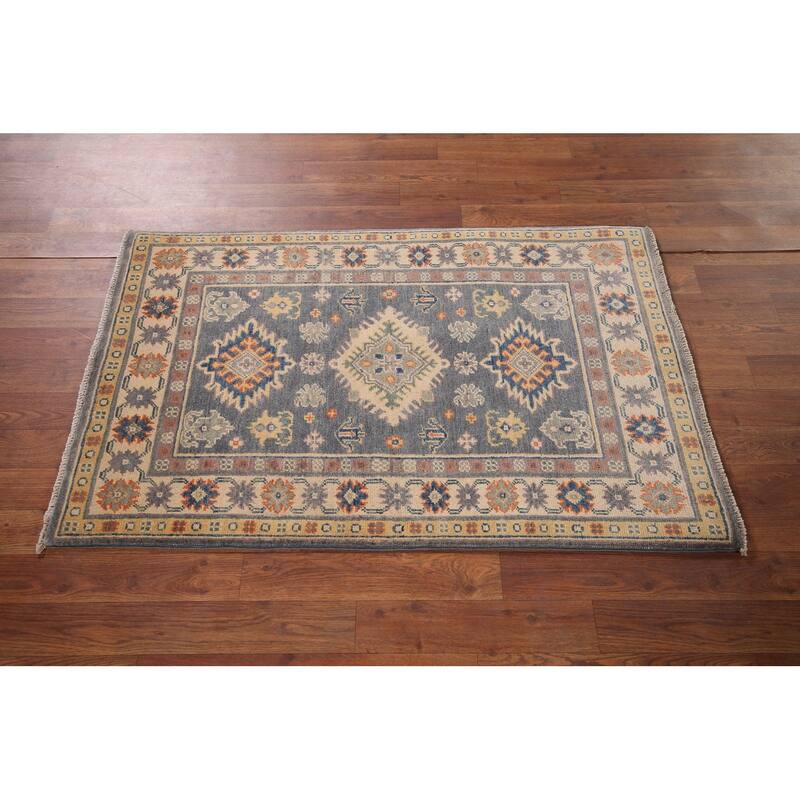 Gray Geometric Kazak Accent Rug Handmade Oriental Wool Carpet - 2'7" x 4'1"